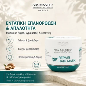 Spa Master Argan Repair Hair Mask 500ml – Επανορθωτική Μάσκα Μαλλιών με Έλαιο Argan, Υγρό Μετάξι & Κερατίνη